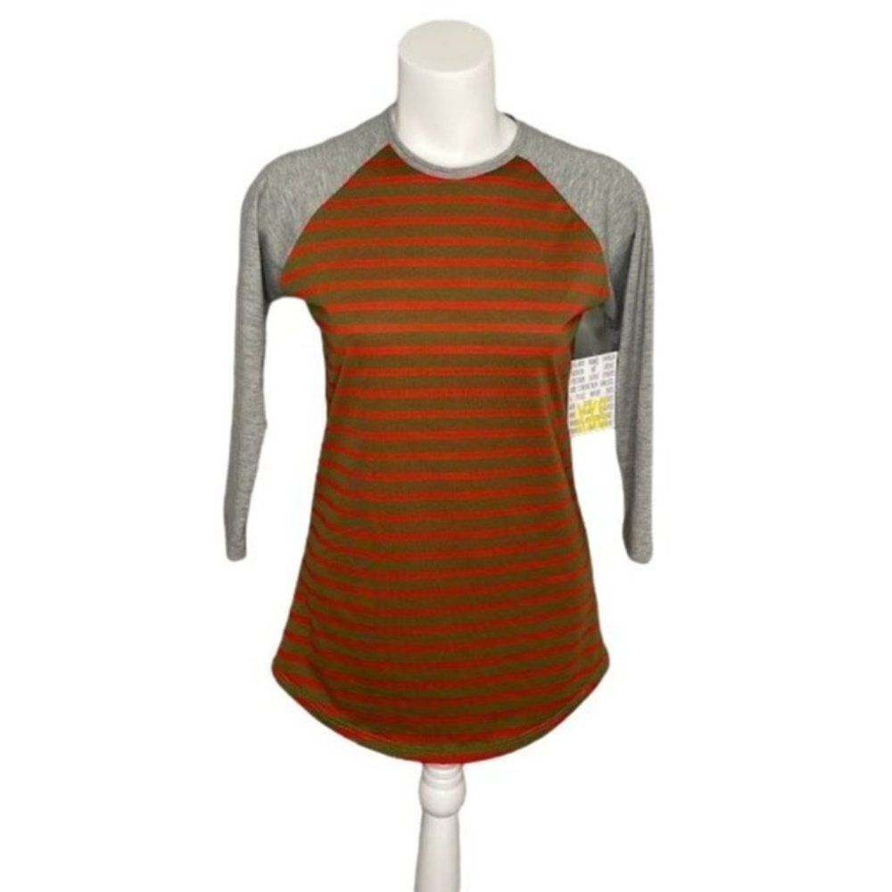 LuLaRoe Randy Gray Green Red Stripe 3/4 Raglan Sleeve Top Sz XXS NEW‎